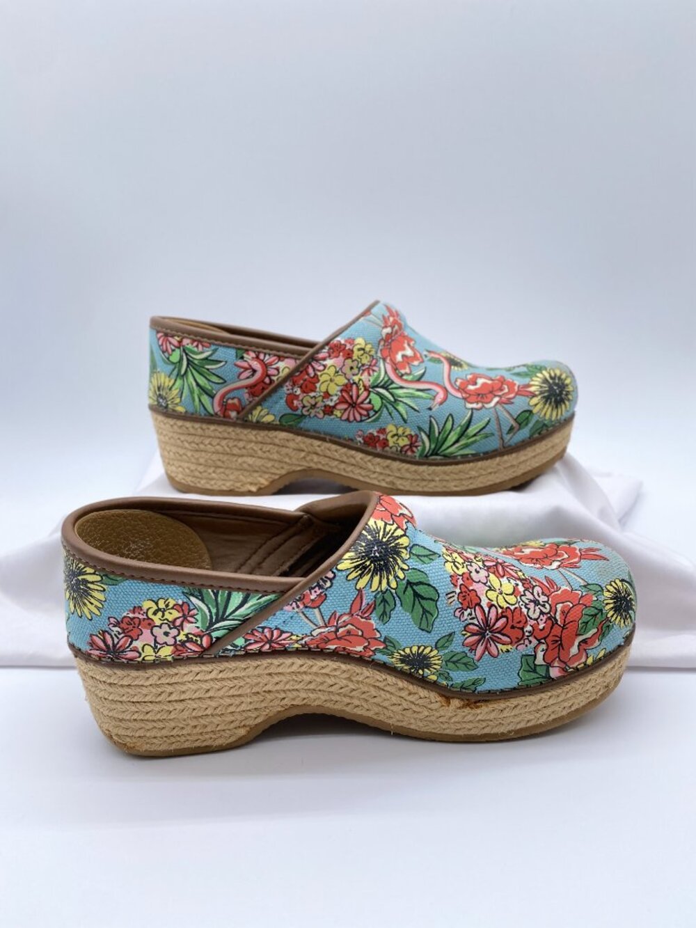 Dansko Jute Pro Flamingo Tropical Blue Canvas Clogs EU 37 - Picture 4 of 10